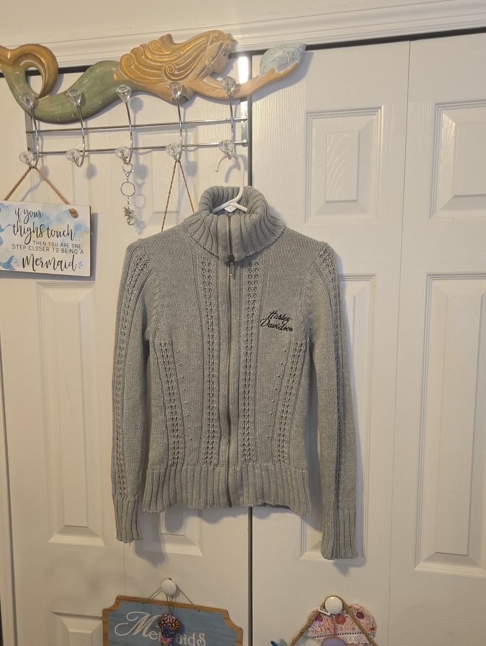 Harley-Davidson Light Gray Zip Front Knit Turtleneck Sweater